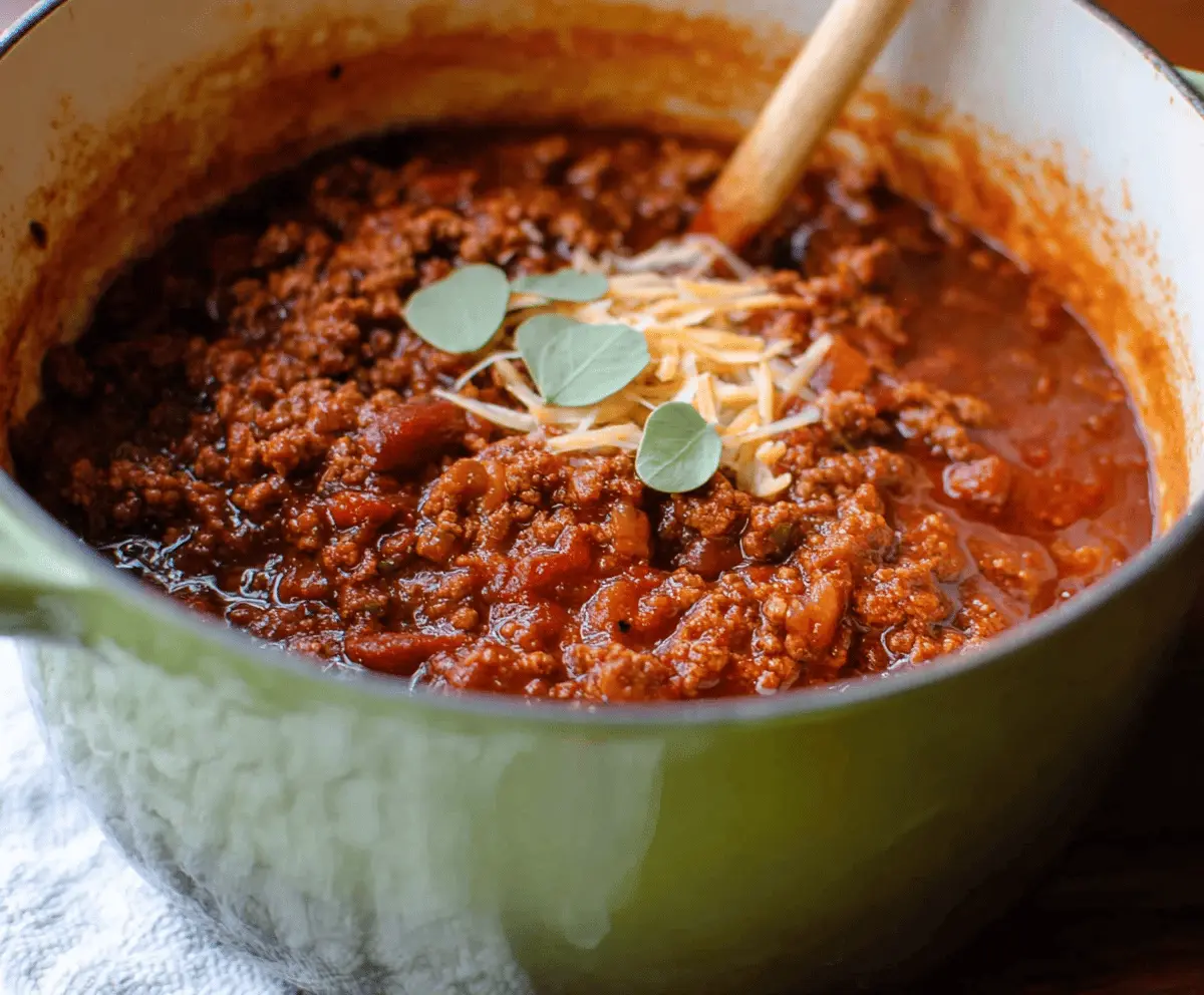 Hearty no-bean chili topped with shredded cheese and fresh cilantro in a rustic bowl, ready to serve