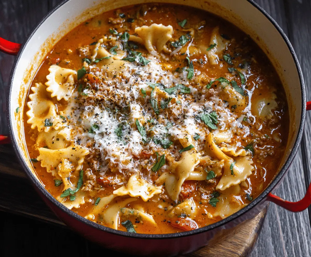 One-Pot Cheesy Lasagna Soup — rich tomato broth, melty cheese, and tender noodles
