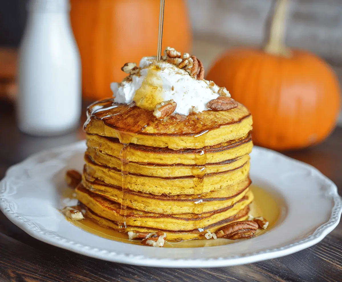 Fluffy orange pumpkin pancakes topped with whipped cream and fresh pumpkin seeds on a rustic plate for a cozy breakfast.