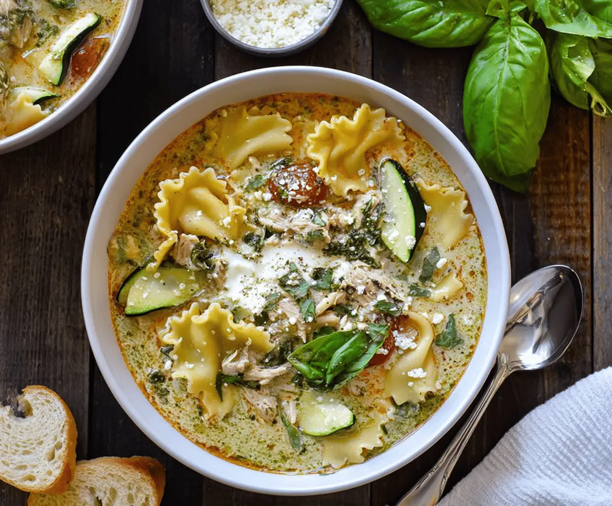 A steaming bowl of pesto lasagna soup garnished with fresh basil leaves and melted cheese, served with a slice of crusty bread on the side.