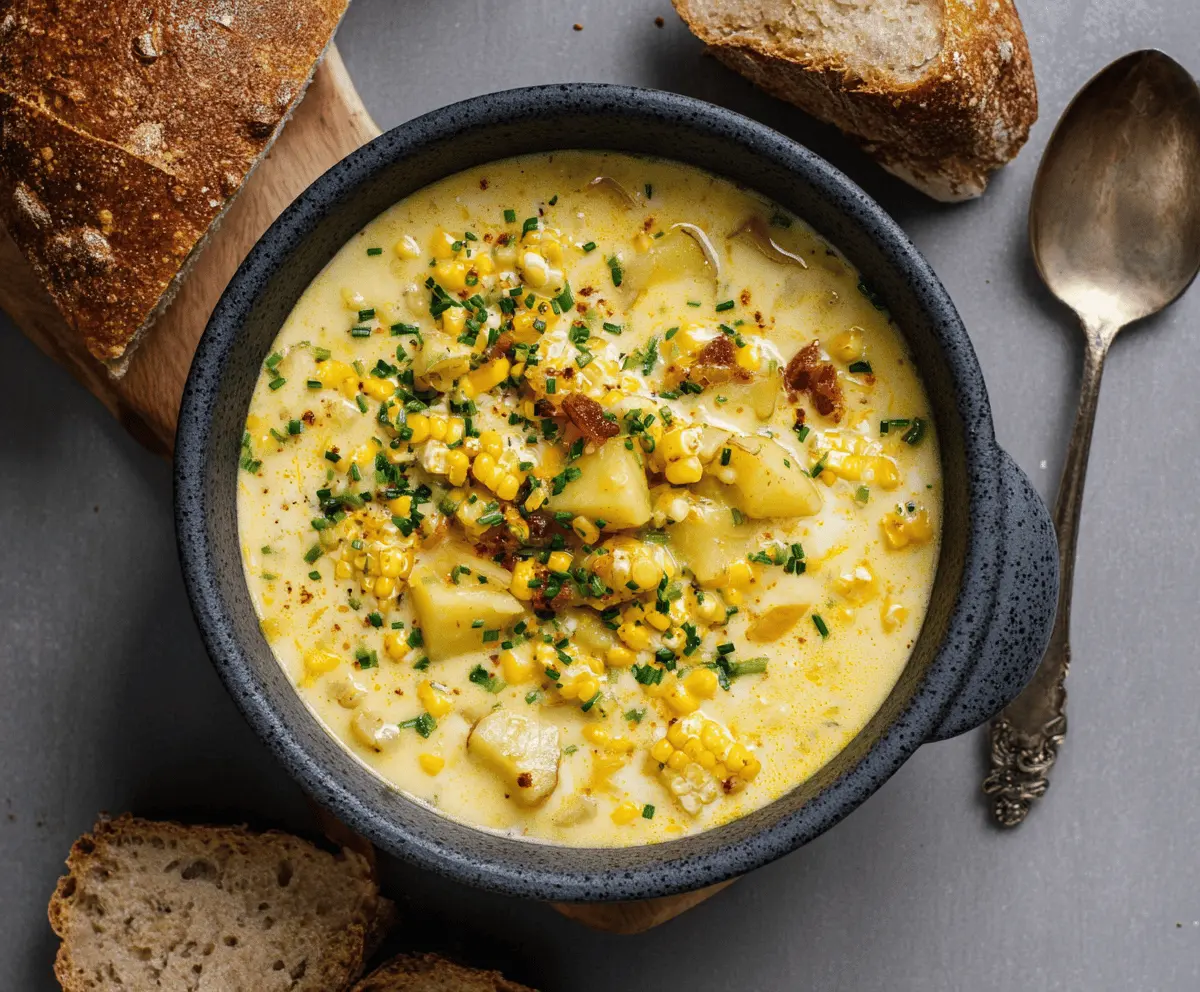Creamy potato and corn chowder garnished with fresh herbs in a bowl, perfect for a comforting meal