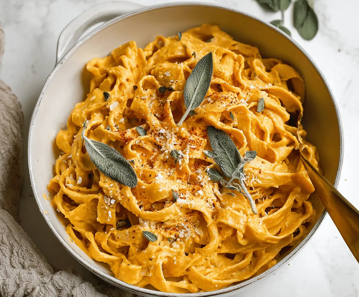 Creamy pumpkin Alfredo pasta garnished with fresh herbs and grated cheese on a rustic wooden table.