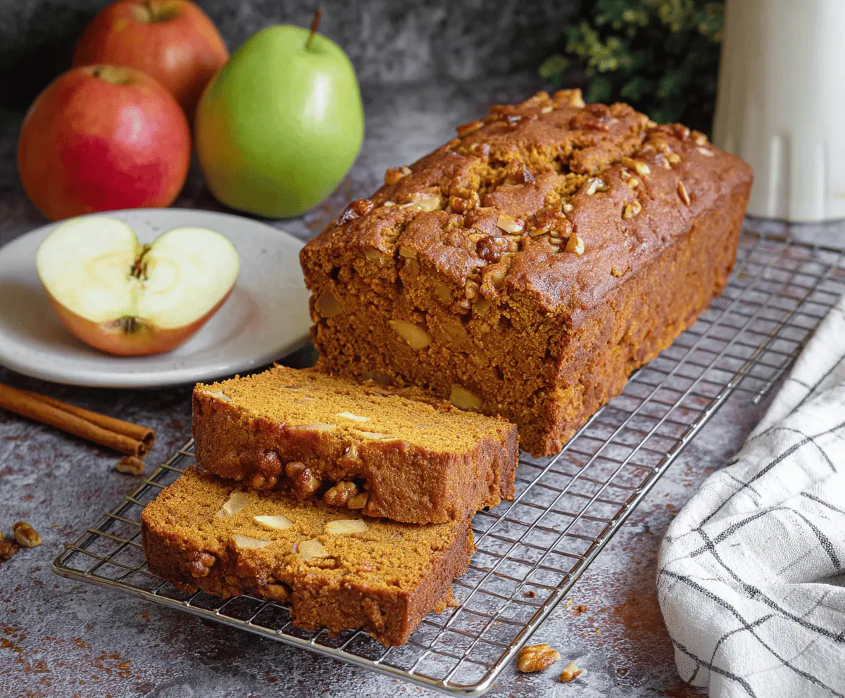 Delicious homemade Pumpkin Apple Bread topped with walnuts, featuring a moist, spiced autumn-inspired loaf with fresh apple slices and pumpkin seeds