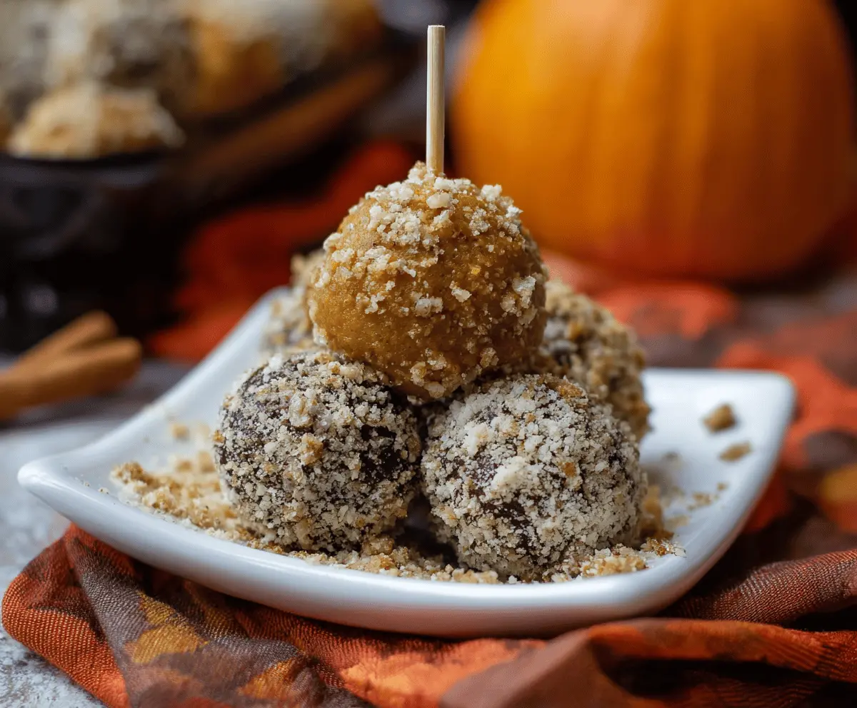 Creamy pumpkin cheesecake protein balls with graham cracker crumbs and a drizzle of white chocolate, perfect for a healthy snack or dessert.