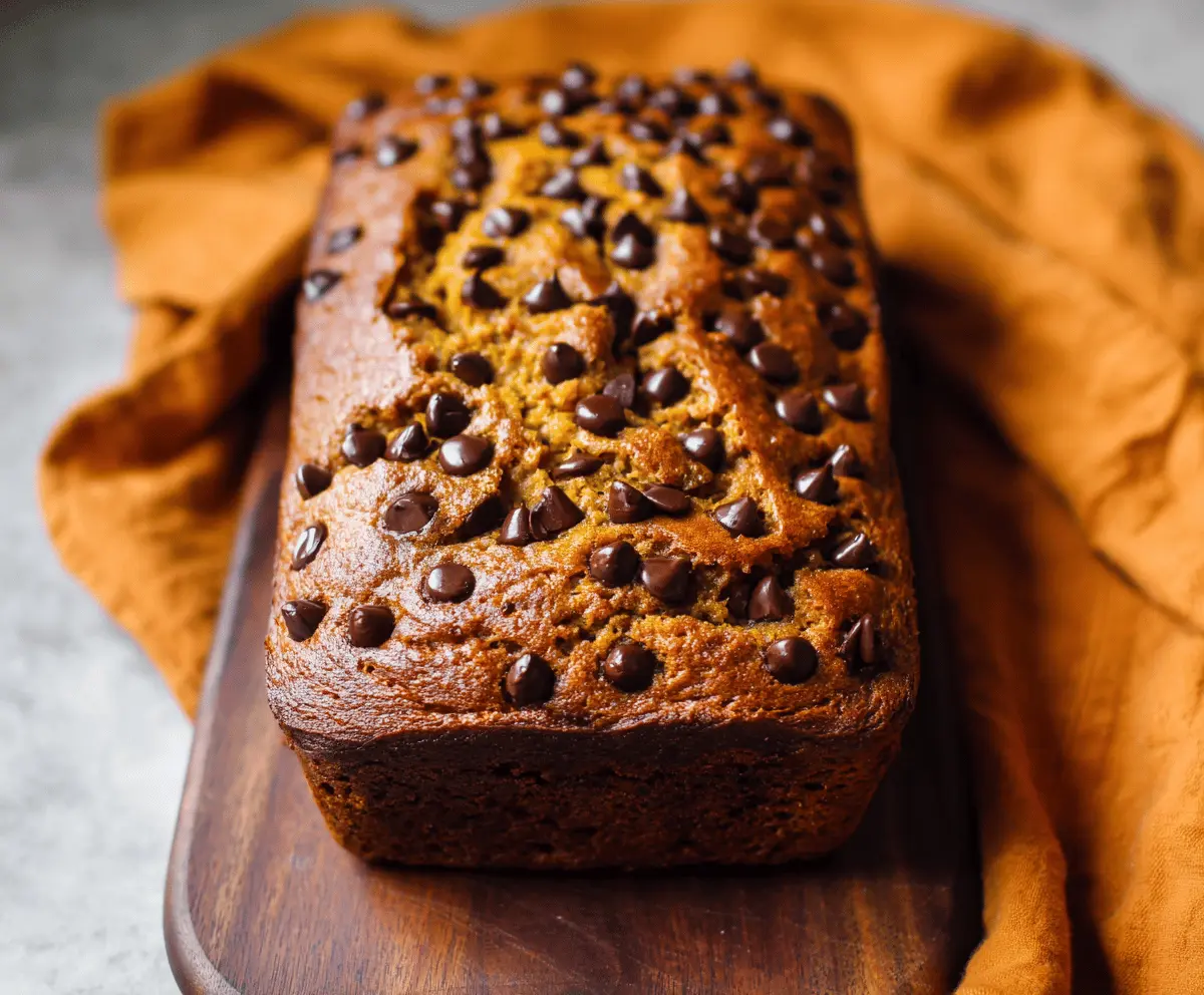 Delicious homemade pumpkin chocolate chip bread sliced, showcasing moist pumpkin bread filled with chocolate chips, perfect for fall baking.
