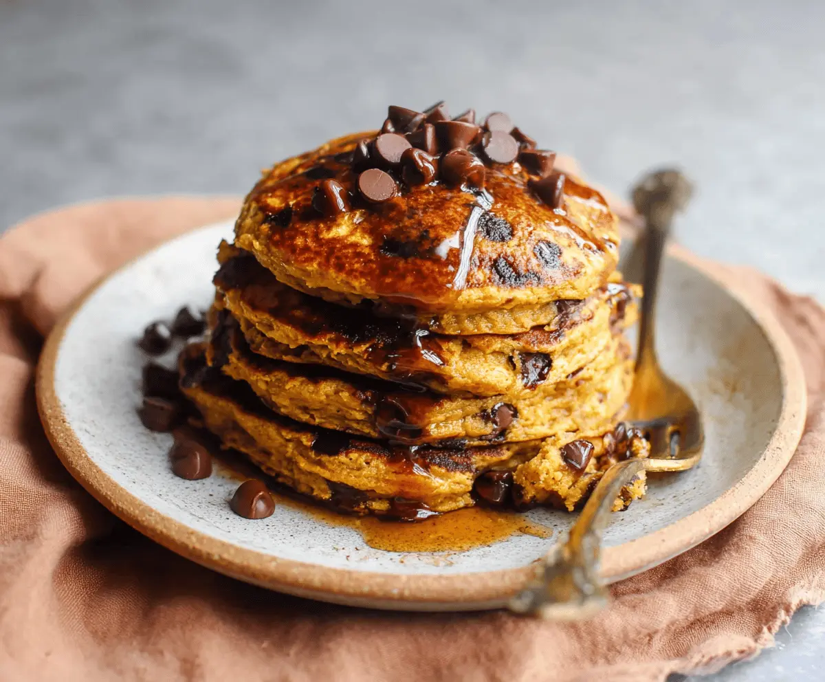 Fluffy pumpkin chocolate chip pancakes topped with whipped cream and cinnamon for a delicious fall breakfast