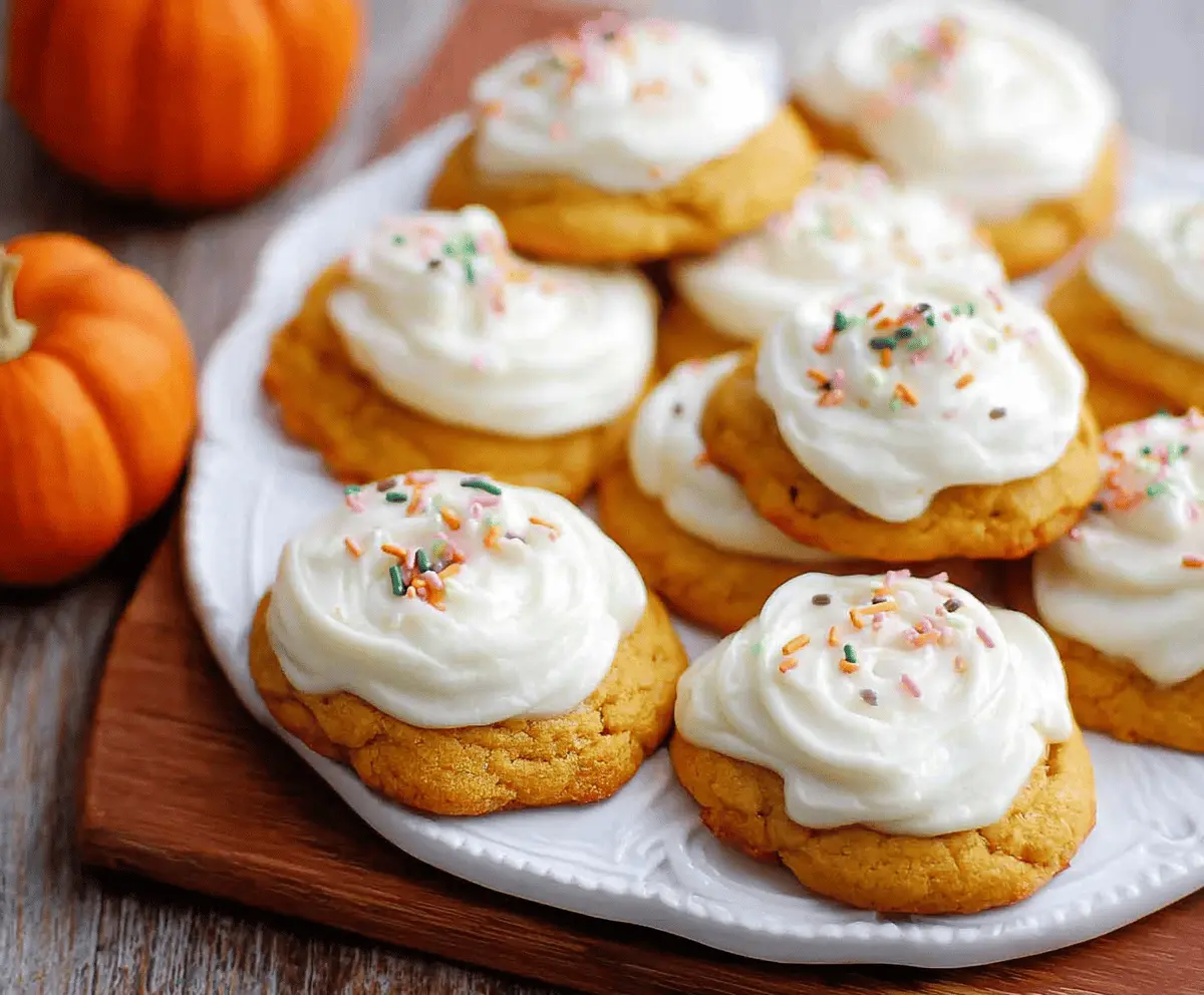 Delicious pumpkin cookies topped with creamy cream cheese frosting and sprinkled with cinnamon, perfect for fall treats