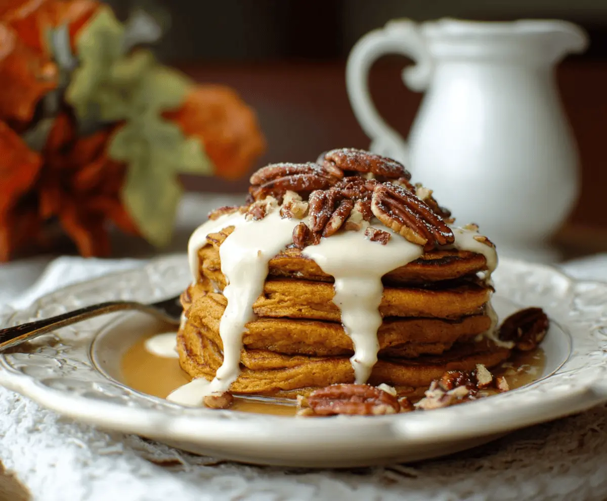 Fluffy pumpkin cream cheese pancakes topped with whipped cream and cinnamon for a cozy fall breakfast.