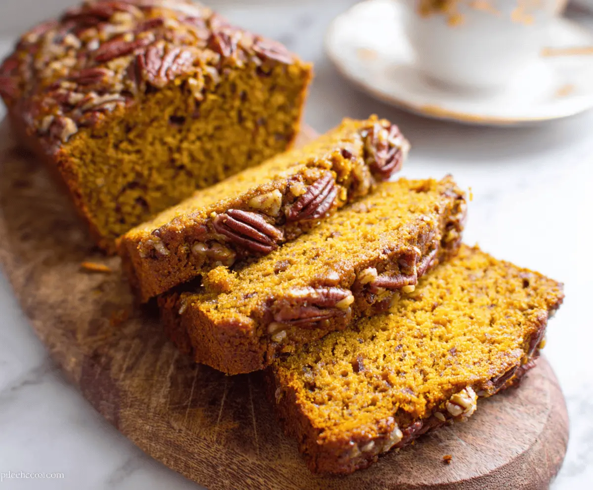Freshly baked pumpkin pecan bread sliced on a wooden cutting board with walnuts and cinnamon, perfect for fall indulgence.