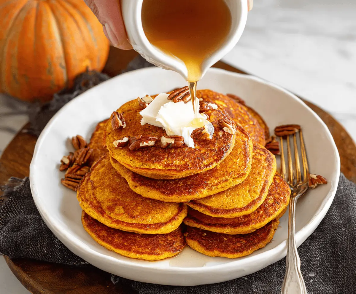 Fluffy pumpkin ricotta pancakes topped with syrup and cinnamon on a plate, perfect for fall breakfast
