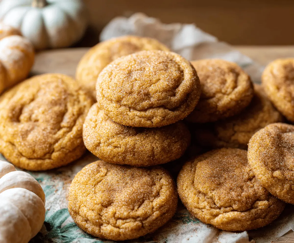 Delicious Pumpkin Snickerdoodle Cookies with cinnamon sugar topping on a rustic plate, perfect for fall baking.
