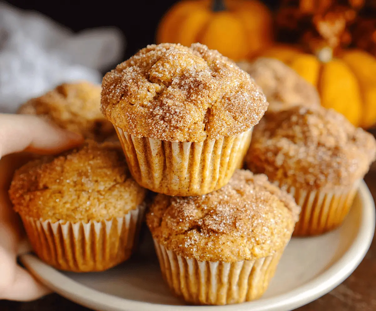 Delicious homemade pumpkin sour cream muffins topped with a sprinkle of cinnamon and sugar, perfect for fall baking.