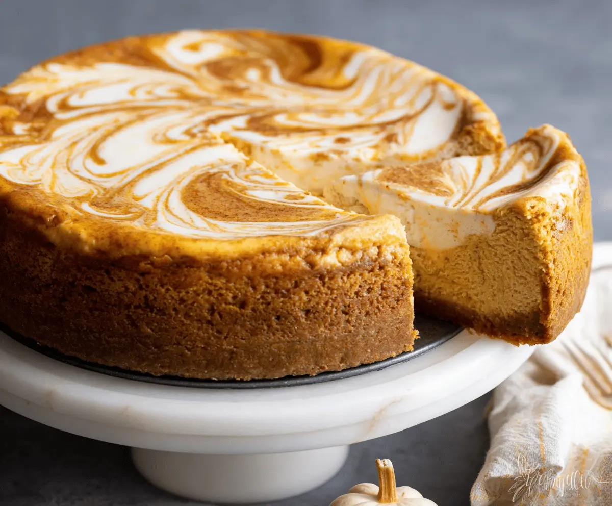 Delicious Pumpkin Swirl Cheesecake topped with whipped cream and pumpkin spice, perfect for fall desserts
