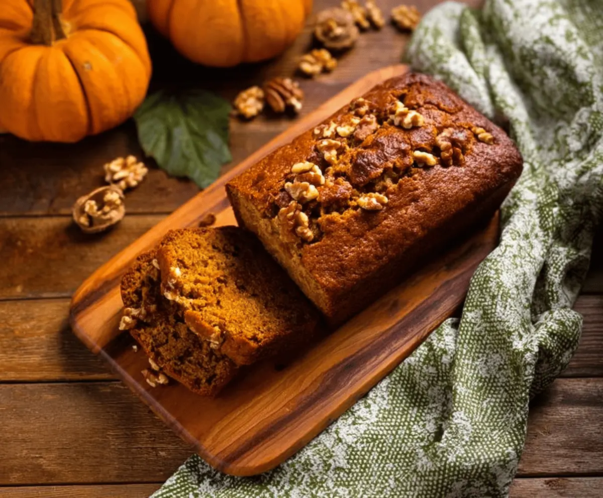 Delicious homemade pumpkin walnut bread sliced and ready to enjoy, featuring a moist texture with walnuts and a hint of fall flavors.