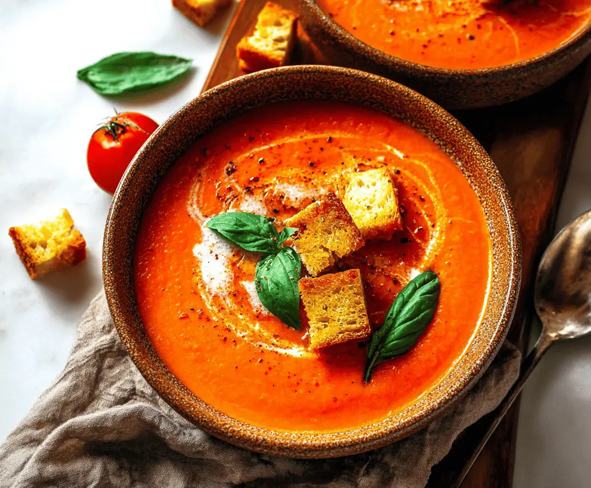 Creamy roasted tomato soup garnished with fresh basil in a rustic bowl, served with crusty bread on a wooden table.