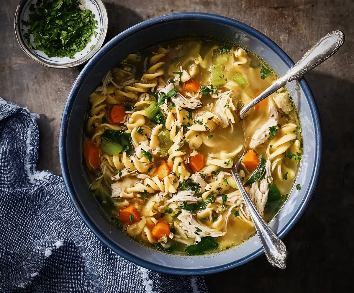 Hearty rotisserie chicken noodle soup in a bowl with fresh herbs and vegetables, perfect for a comforting meal.
