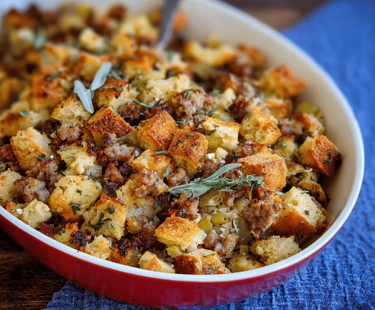 Delicious sausage, apple, and sage stuffing in a baking dish, perfect for holiday dinners
