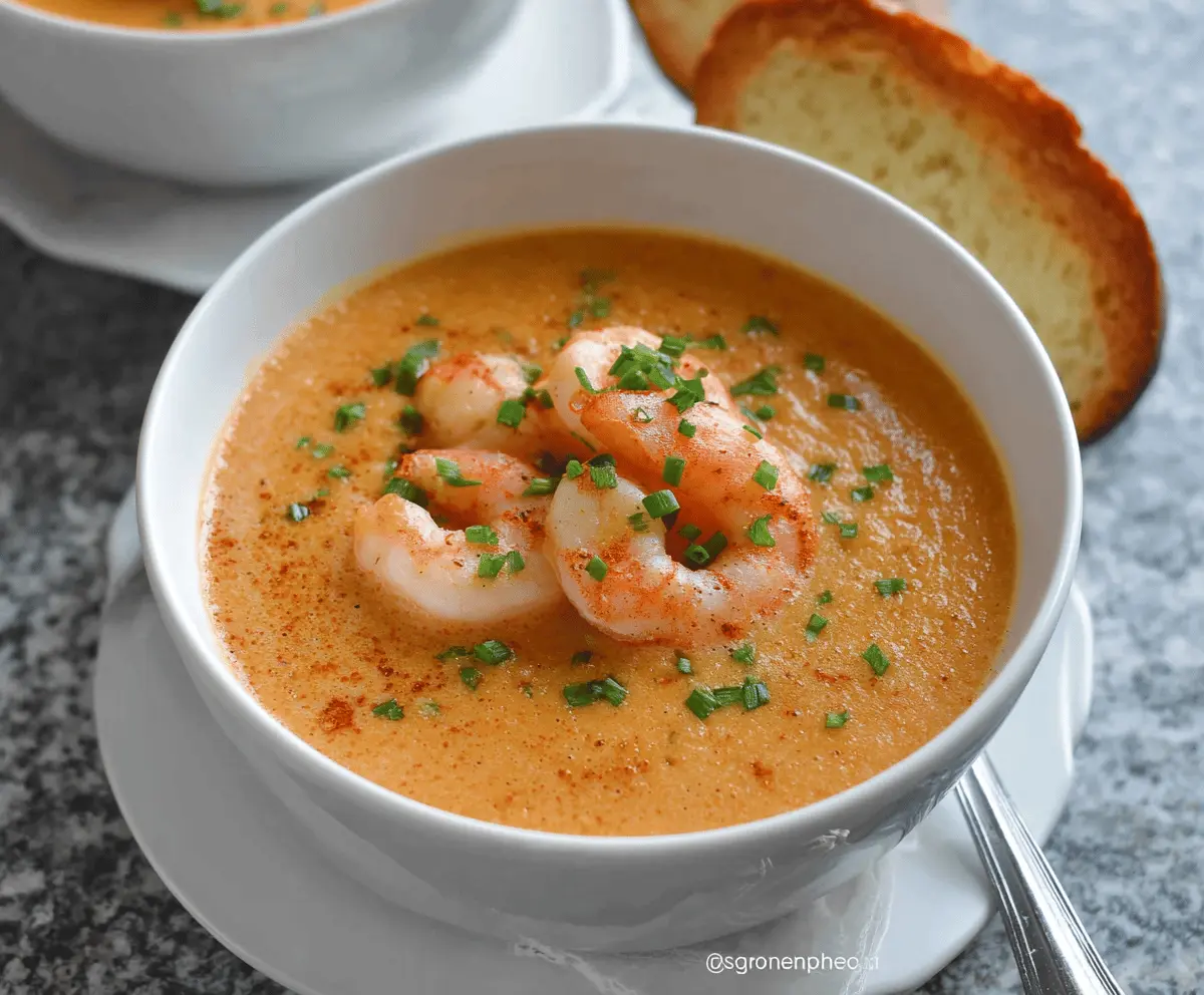 Creamy shrimp bisque garnished with fresh herbs in a white bowl, perfect for a comforting seafood appetizer.
