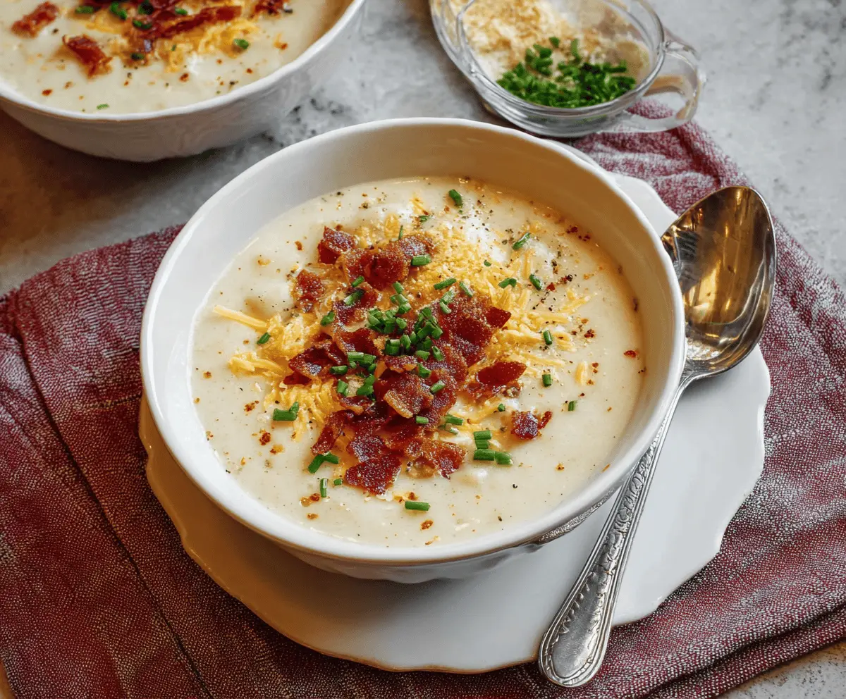 Creamy smoked Gouda potato soup topped with fresh herbs in a rustic bowl, perfect for comforting warm meals.