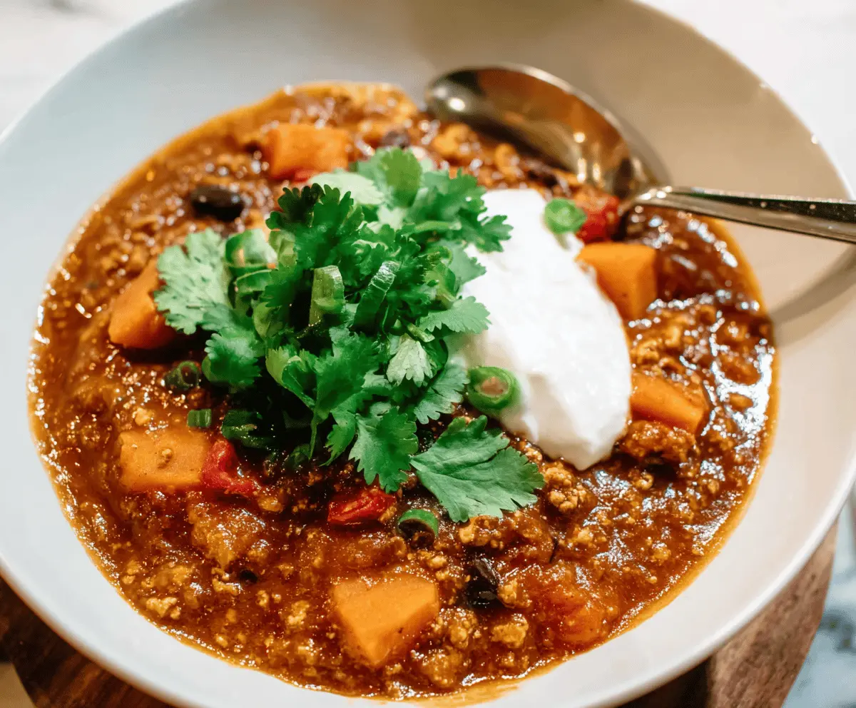Hearty sweet potato turkey chili in a bowl with beans and vegetables, served with fresh cilantro and a side of crusty bread