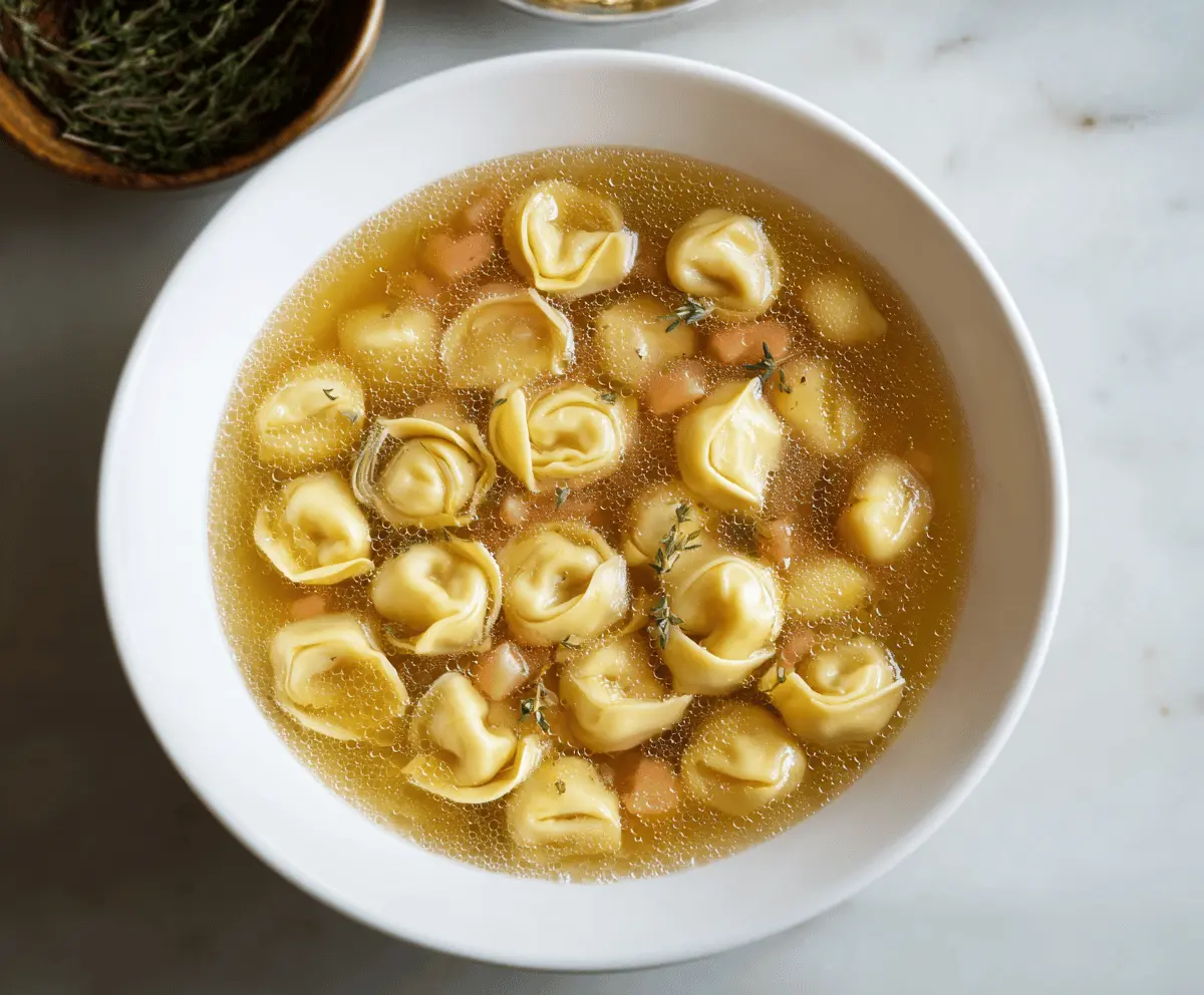 A bowl of tortellini en brodo featuring tender tortellini pasta served in a clear flavorful broth with fresh herbs and grated cheese, perfect for a comforting Italian soup.