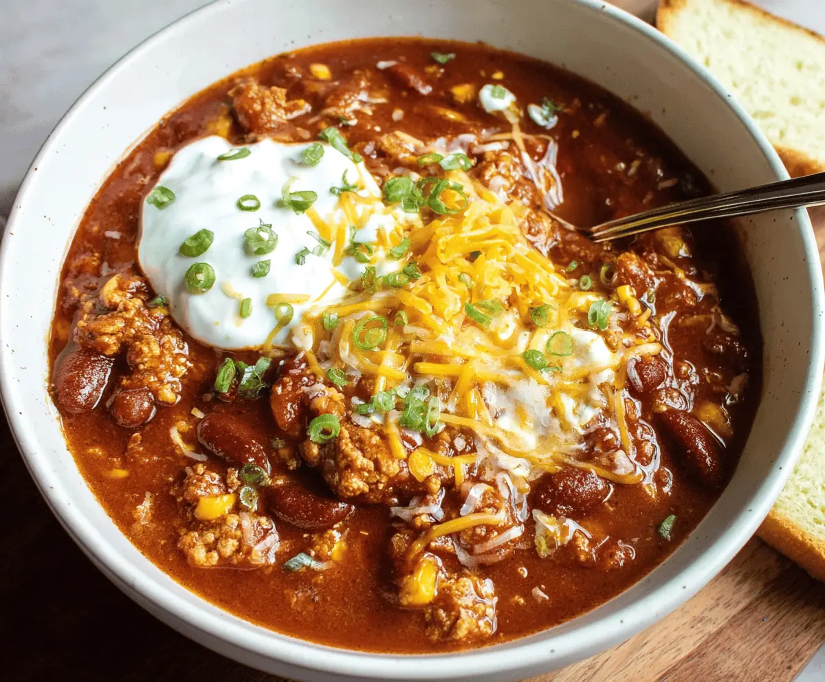 A bowl of hearty turkey chili topped with shredded cheese and fresh cilantro, served with crusty bread on a rustic wooden table.
