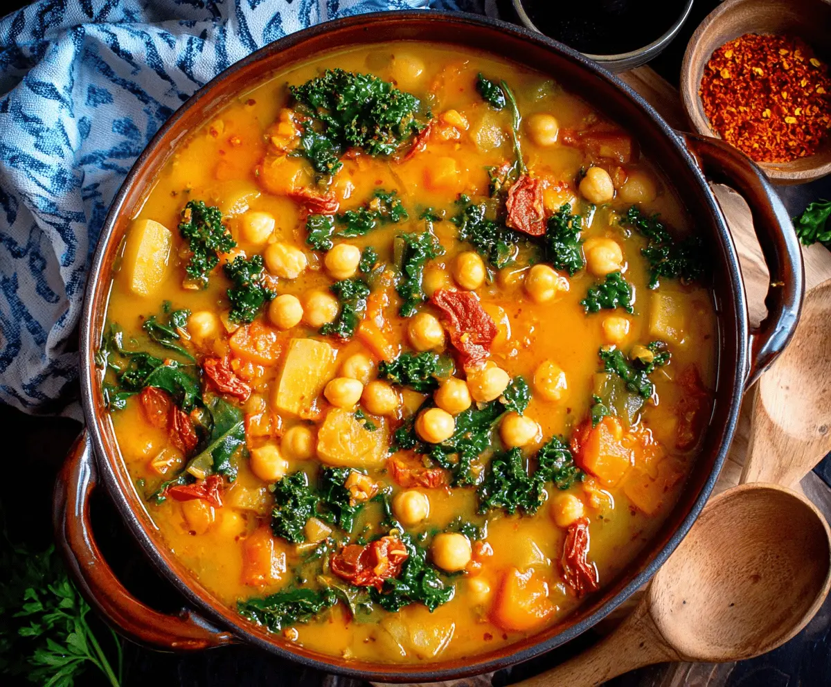 A bowl of hearty Tuscan Chickpea Soup garnished with fresh herbs and served with crusty bread on a rustic wooden table.