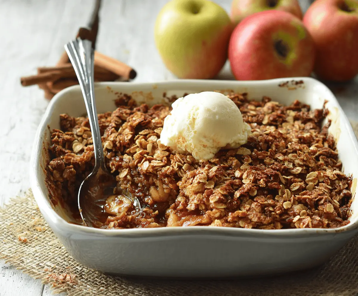 Delicious vegan apple crisp topped with golden oats and cinnamon in a baking dish, perfect for a healthy dessert