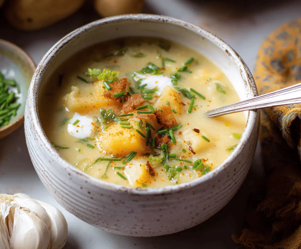 Creamy vegan potato soup served in a bowl garnished with fresh herbs, ideal for a comforting and plant-based meal.