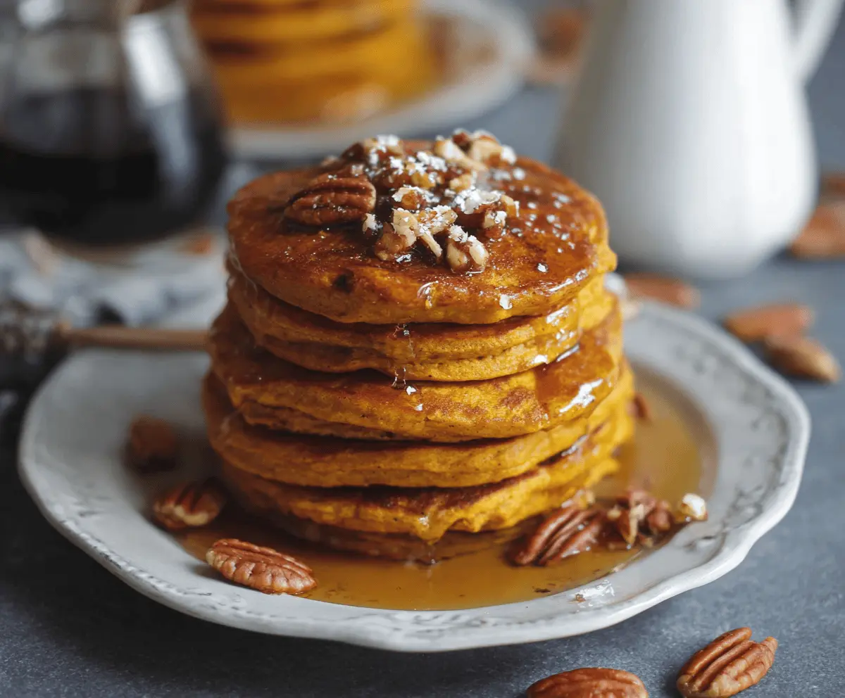 Delicious vegan pumpkin pancakes topped with maple syrup and fresh cinnamon, served on a rustic plate for a cozy breakfast