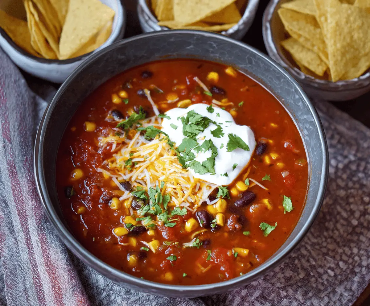 A colorful bowl of vegetarian taco soup featuring black beans, corn, diced tomatoes, bell peppers, and topped with shredded cheese and fresh cilantro, served in a rustic bowl.