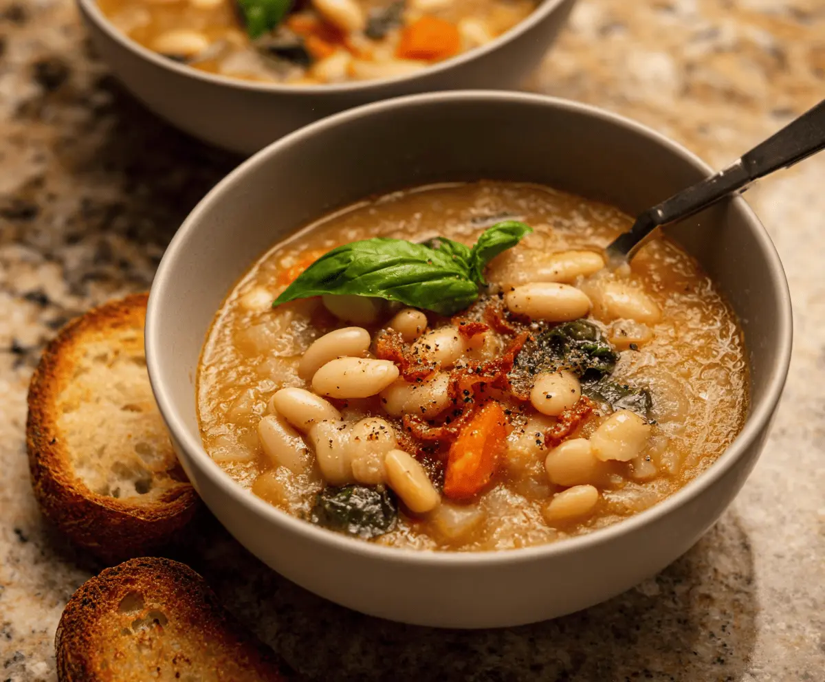 Creamy white bean soup garnished with fresh herbs in a rustic bowl, perfect for a comforting and healthy meal.