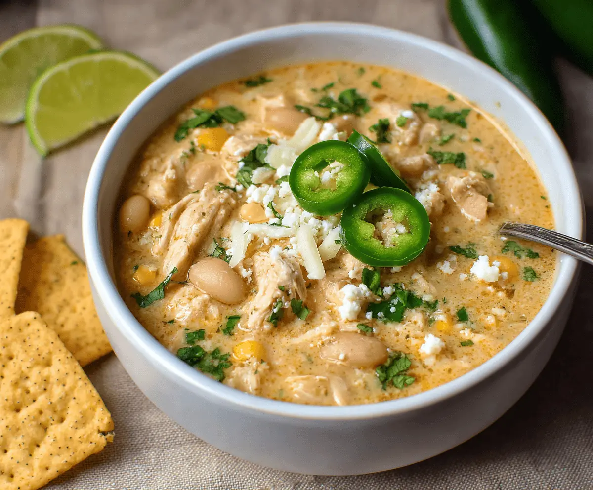 Creamy white chicken chili topped with fresh cilantro and shredded cheese in a bowl, served with tortilla chips