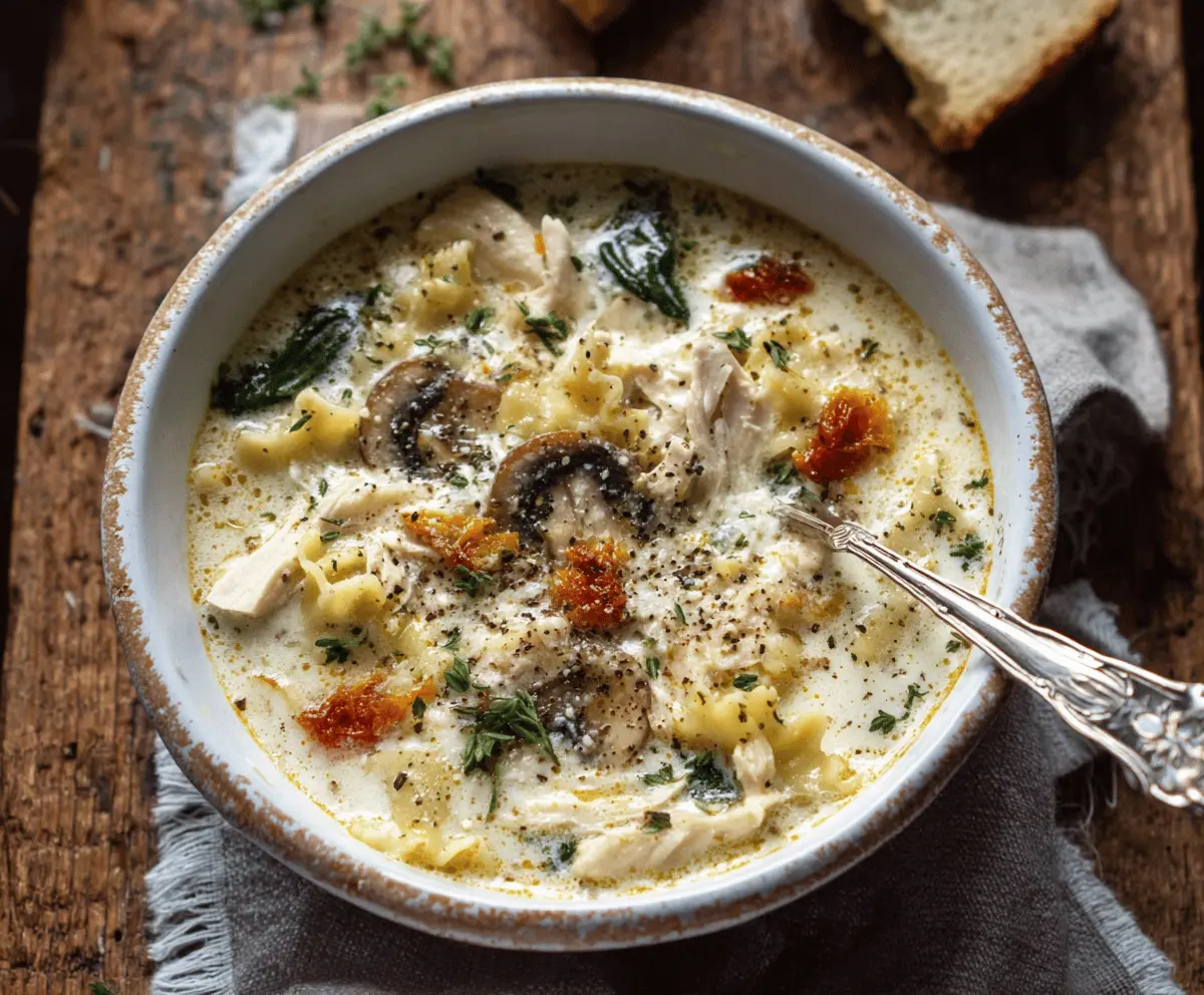 Creamy white chicken lasagna soup topped with melted cheese and fresh herbs in a bowl, showcasing a comforting and flavorful Italian-inspired dish