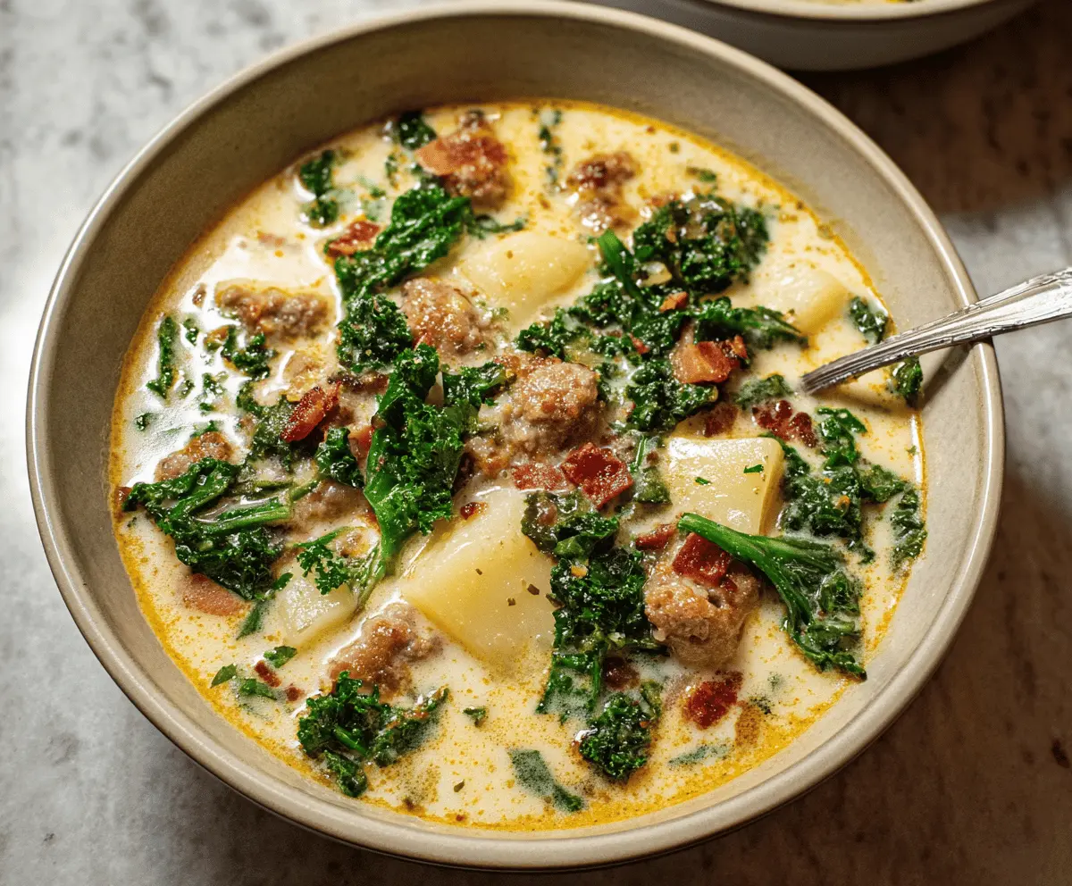 Creamy Zuppa Toscana Soup with Italian sausage, kale, potatoes, and bacon served in a bowl, perfect for a hearty and comforting meal.