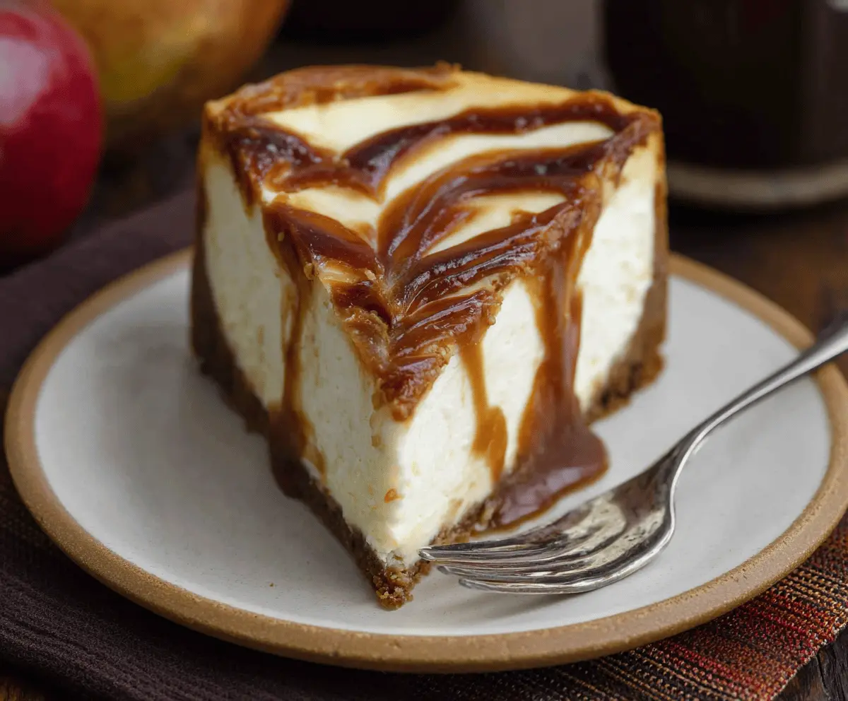 Creamy apple butter cheesecake topped with caramelized apple slices and a graham cracker crust, perfect for fall desserts.