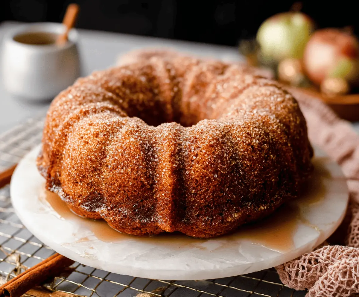 Delicious homemade Apple Cider Bundt Cake with a golden crust, topped with caramel glaze and fresh apple slices, perfect for fall desserts.