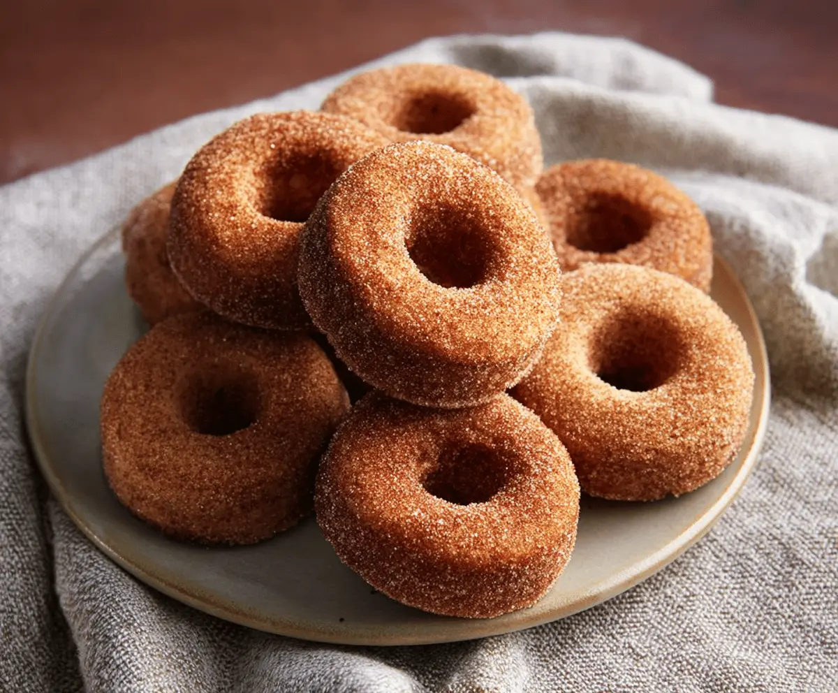 Freshly baked apple cider donuts on a rustic plate with cinnamon and apple slices.