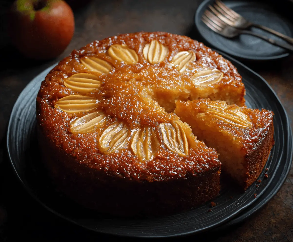 Delicious homemade apple honey cake topped with fresh apple slices and honey drizzle on a rustic wooden table.