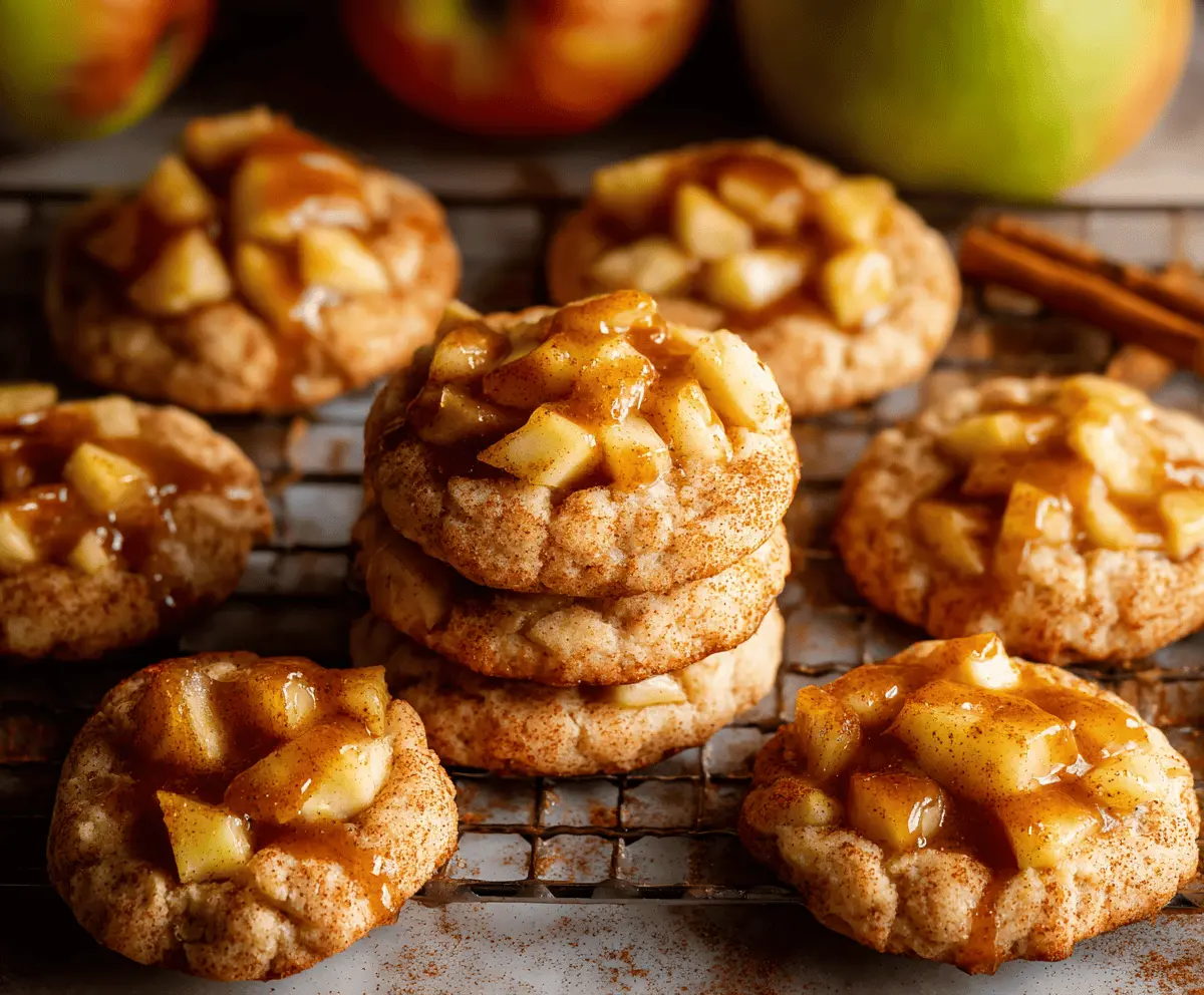 Delicious homemade apple pie cookies with golden crust, cinnamon-spiced apple filling, and a sugared topping on a rustic baking sheet