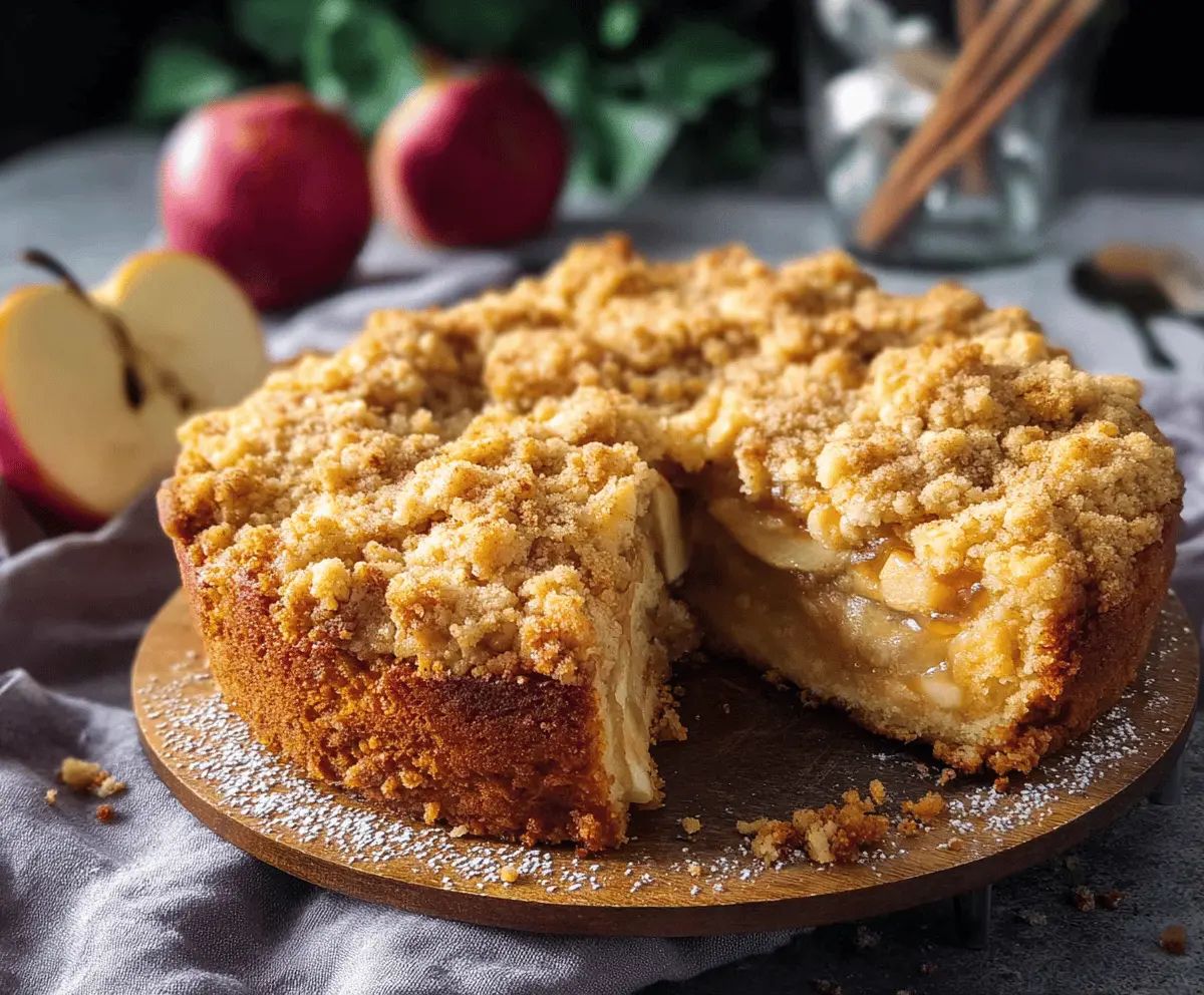 Delicious homemade apple streusel cake with golden crumb topping and fresh apple slices, perfect for dessert or coffee time.