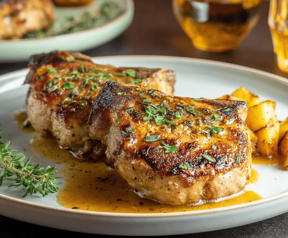 Juicy apple stuffed pork chops served on a plate with fresh herbs.