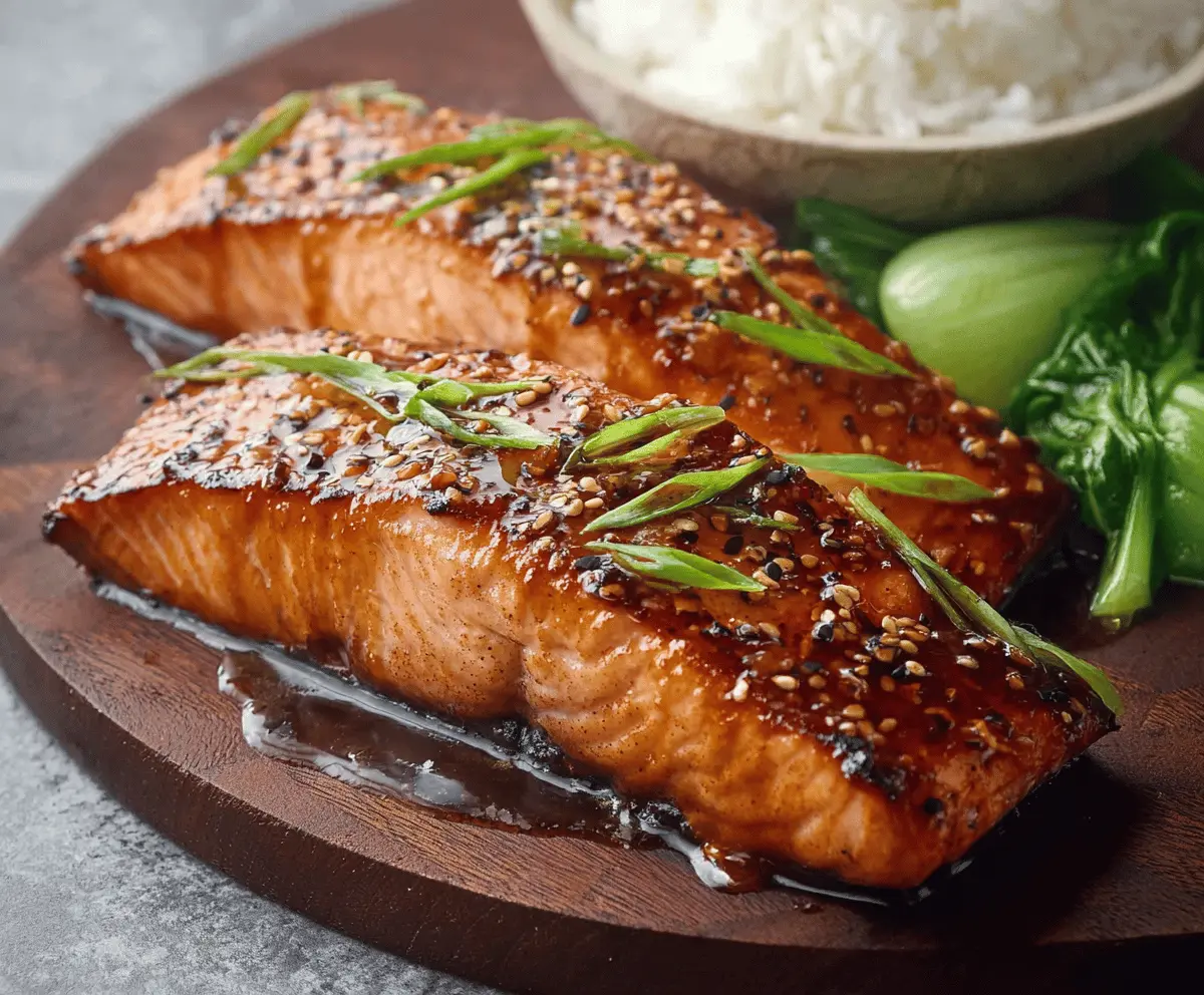 Delicious Asian glazed salmon fillet topped with sesame seeds and scallions, served with steamed vegetables and rice on a white plate
