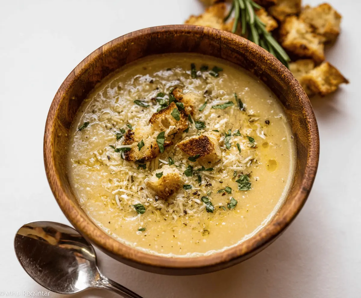 Delicious bowl of authentic Italian style garlic soup garnished with fresh herbs and crispy croutons, served in a rustic ceramic bowl