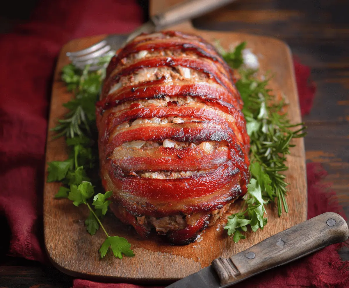 Juicy bacon-wrapped meatloaf topped with crispy bacon slices, served on a plate with fresh herbs, perfect for a hearty dinner.