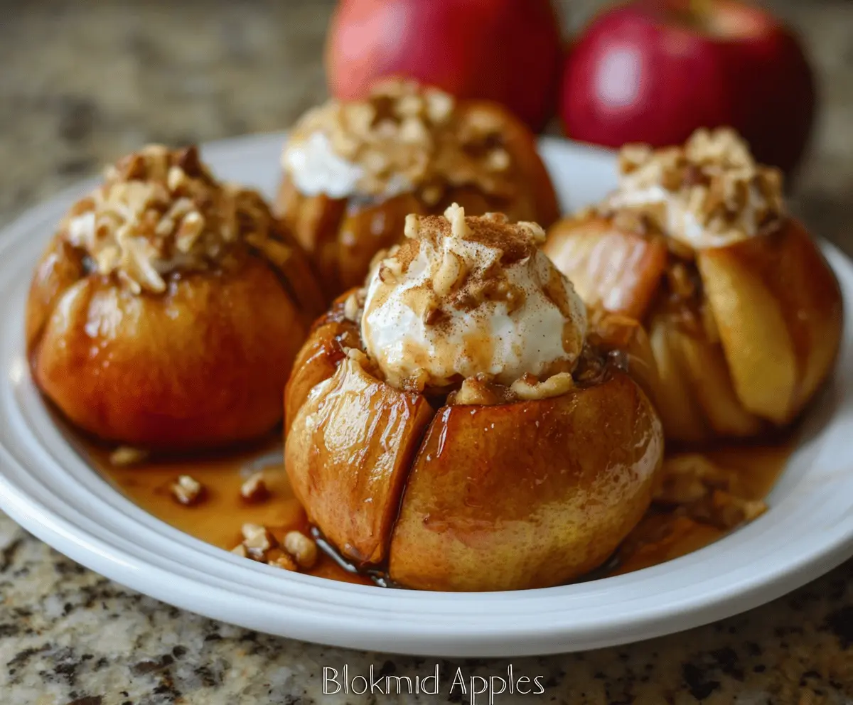 Delicious baked Bloomin’ Apples topped with cinnamon and caramel, served on a rustic plate for a sweet dessert treat.