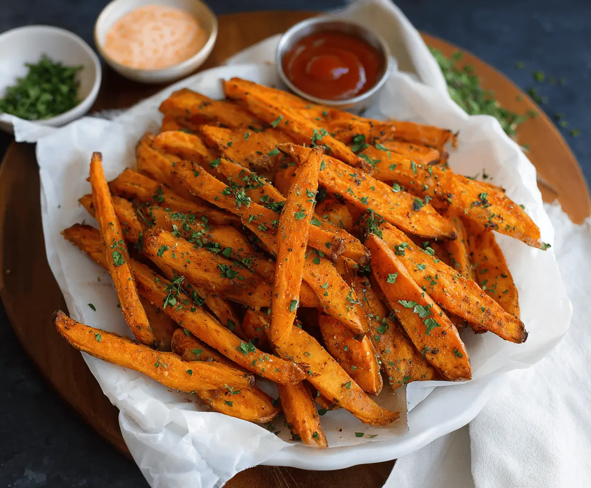 Crispy baked sweet potato fries served on a plate with seasoning and fresh herbs, perfect for a healthy snack or side dish