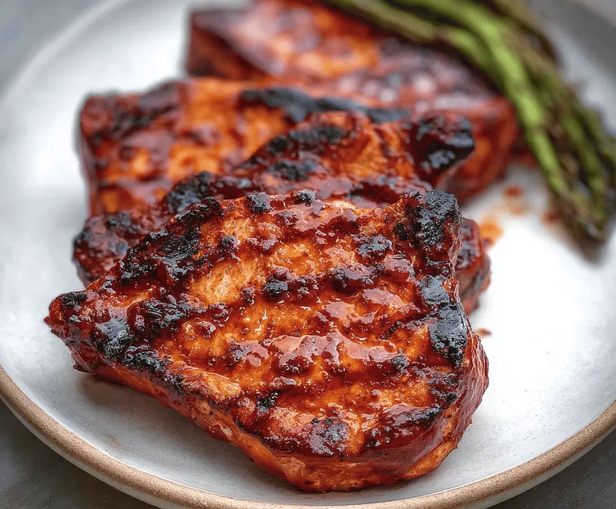Juicy BBQ pork chops grilled to perfection with smoky char marks on a plate, served with sides and garnished with fresh herbs.