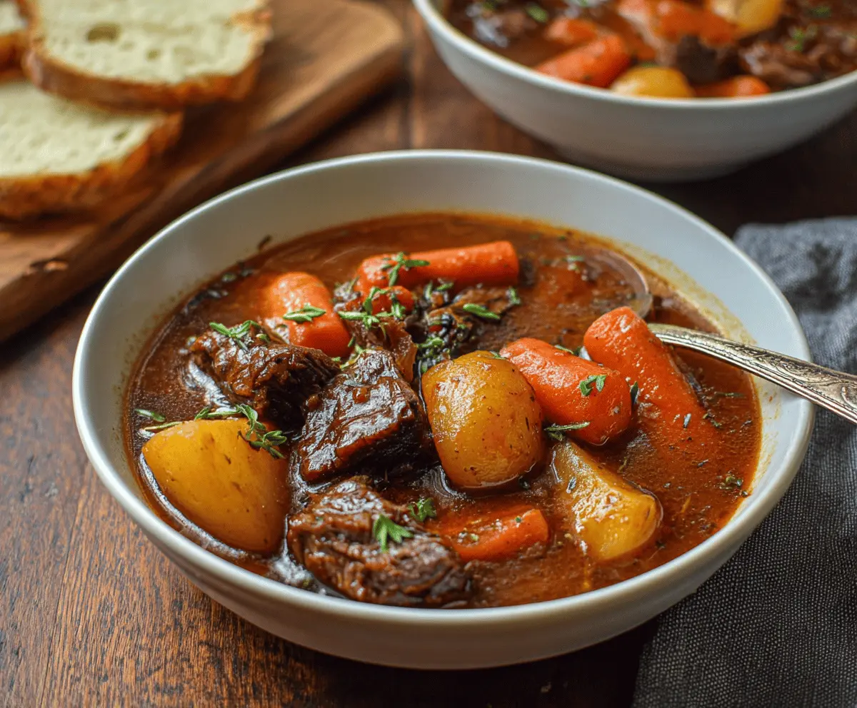 Hearty beef stew with tender carrots and potatoes served in a rustic bowl, perfect for a comforting meal