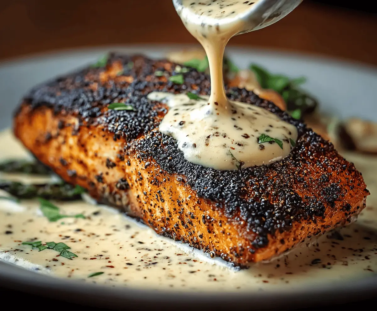 Delicious blackened salmon fillet topped with creamy Dijon sauce on a rustic plate.